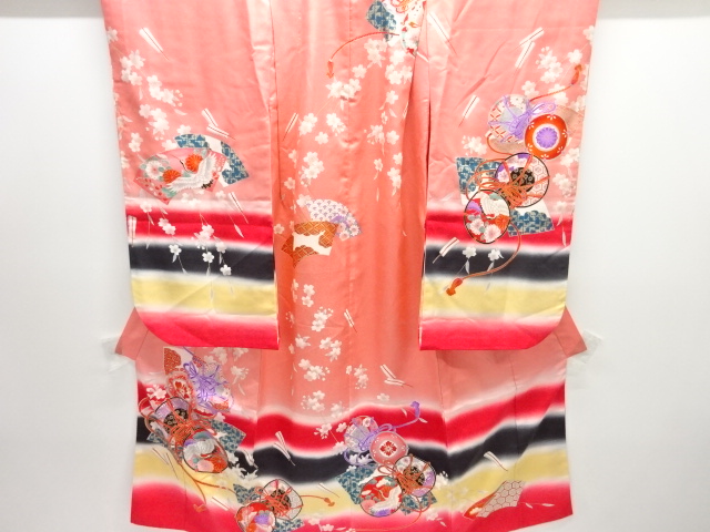 アンティーク　鼓に花鳥模様着物（重ね衿付き）